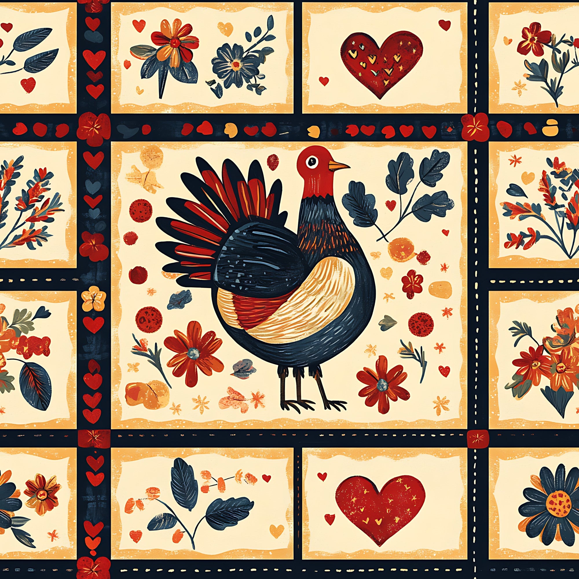 fabric panel, folk art, rooster, bird, floral motifs, hearts, red, navy blue, cream, orange, botanical elements, leaves, flowers, patchwork squares, country style, warm colors, decorative borders, rustic charm, autumn tones