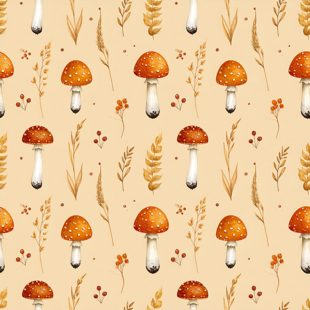 cream, beige, rust orange, burnt orange, red, golden yellow, autumn, fall, mushroom, toadstool, fly agaric, woodland, nature, botanical, whimsical, rustic, vintage, cottage core, forest, berries, dried grasses, leaves, natural, earthy, kids room, playroom, nursey, boho, bohemian, forest animal