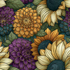 golden yellow, burnt orange, deep purple, cream white, teal green, floral, dahlia, sunflower, botanical, nature, garden, vintage, bohemian, elegant, whimsical, dahlias, petals, detailed illustration, traditional floral, autumn, summer, home decor, artistic, hand-drawn style, decorative flowers, multi-colored blooms, nature lover, garden theme, sophisticated floral