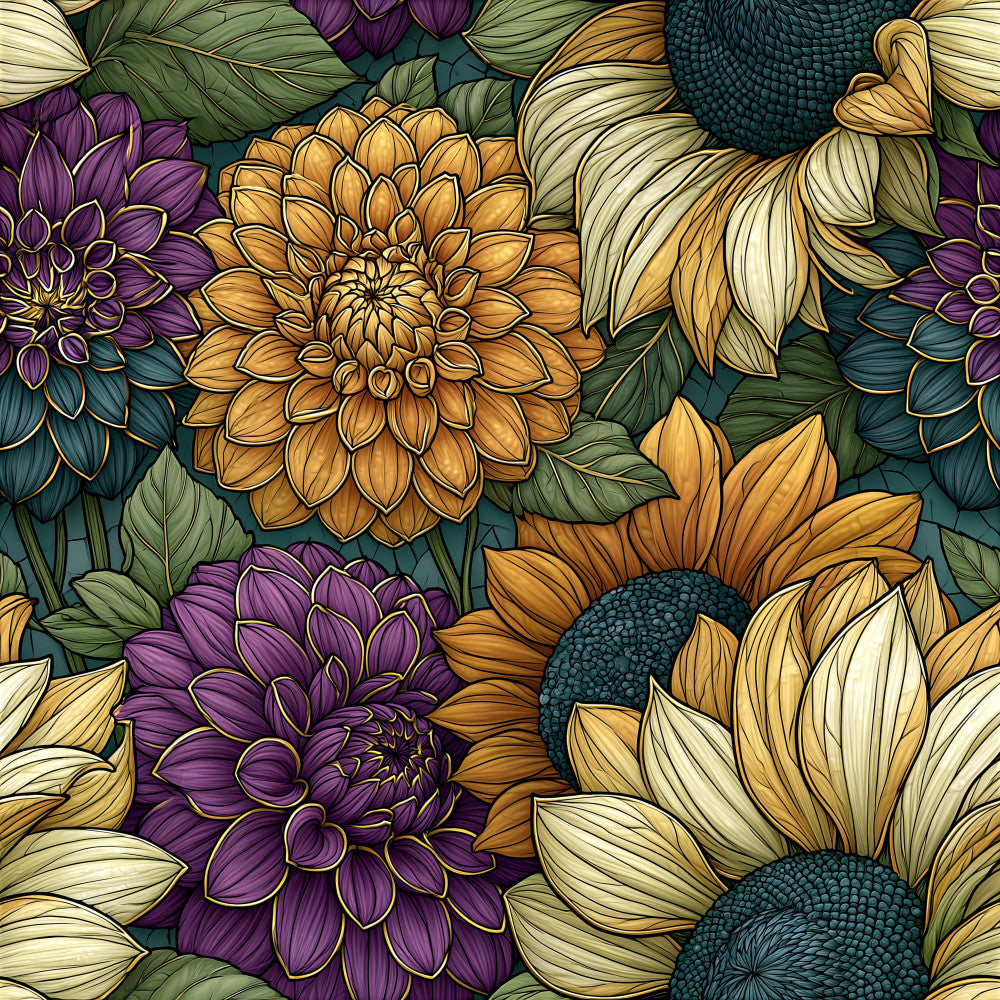 golden yellow, burnt orange, deep purple, cream white, teal green, floral, dahlia, sunflower, botanical, nature, garden, vintage, bohemian, elegant, whimsical, dahlias, petals, detailed illustration, traditional floral, autumn, summer, home decor, artistic, hand-drawn style, decorative flowers, multi-colored blooms, nature lover, garden theme, sophisticated floral
