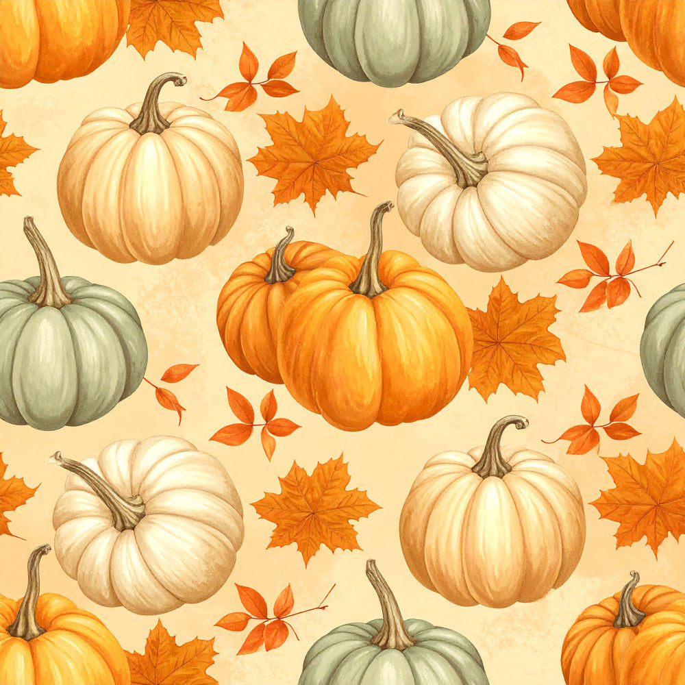 autumn pumpkins, fall harvest, pumpkin patch, maple leaves, orange pumpkins, cream pumpkins, white pumpkins, sage green pumpkins, golden yellow, burnt orange, warm autumn tones, seasonal, thanksgiving, fall foliage, nature, harvest theme, rustic farmhouse, whimsical, cozy autumn, kids room, playroom, baby nursery, seasonal decor, traditional fall, leafy design, autumn leaves, fall festival, pumpkin spice season