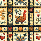 autumn colors, folk art, rooster, chicken, floral motifs, hearts, leaves, botanical elements, rust orange, deep red, navy blue, cream background, quilting panel, cotton fabric, country style, harvest theme, decorative blocks, warm tones, nature inspired, handcrafted look