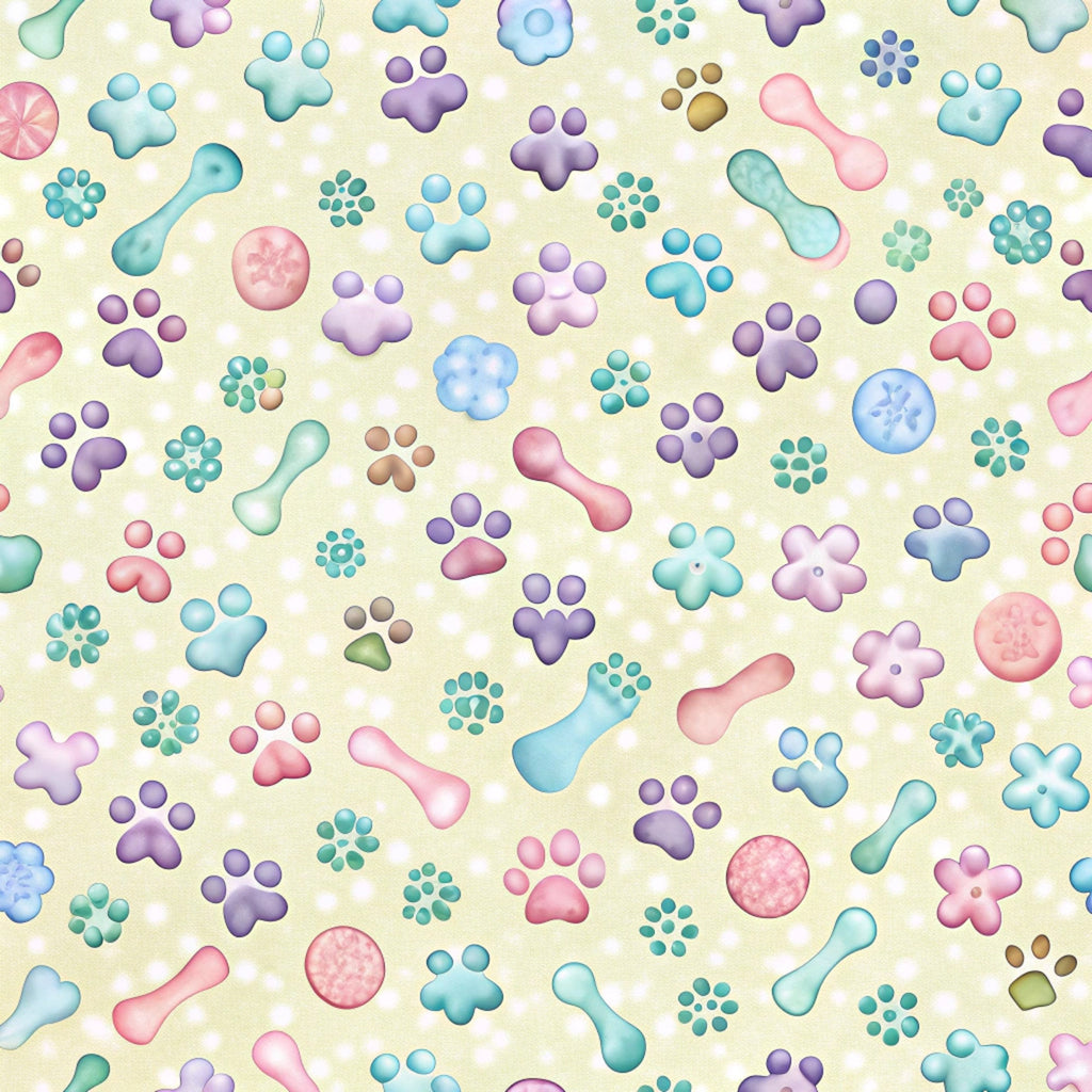 dog paws, paw prints, bone shapes, pastel colors, pink, purple, blue, teal, mint green,, fabric panel, pet themed, playful pattern, scattered design, soft palette, whimsical style, animal motifs, crafting fabric, sewing material, repeating pattern