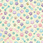 dog paws, paw prints, bone shapes, pastel colors, pink, purple, blue, teal, mint green,, fabric panel, pet themed, playful pattern, scattered design, soft palette, whimsical style, animal motifs, crafting fabric, sewing material, repeating pattern