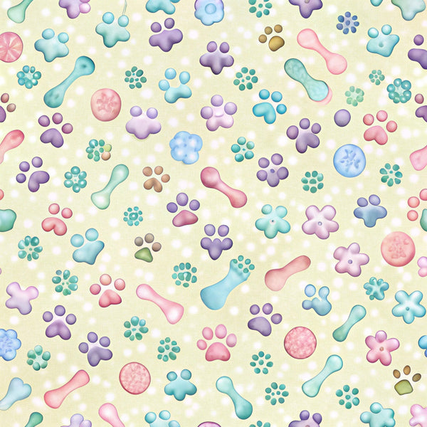 dog paws, paw prints, bone shapes, pastel colors, pink, purple, blue, teal, mint green,, fabric panel, pet themed, playful pattern, scattered design, soft palette, whimsical style, animal motifs, crafting fabric, sewing material, repeating pattern