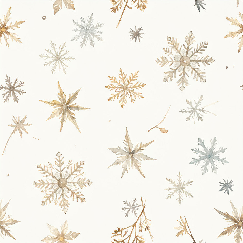 snowflake, winter, christmas, holiday, gold, cream, beige, tan, grey, gray, silver, neutral, celestial, nature, snowflakes, geometric, elegant, whimsical, modern, rustic, festive, seasonal, nursery, baby, children, kids room, stars, branches, delicate, watercolor