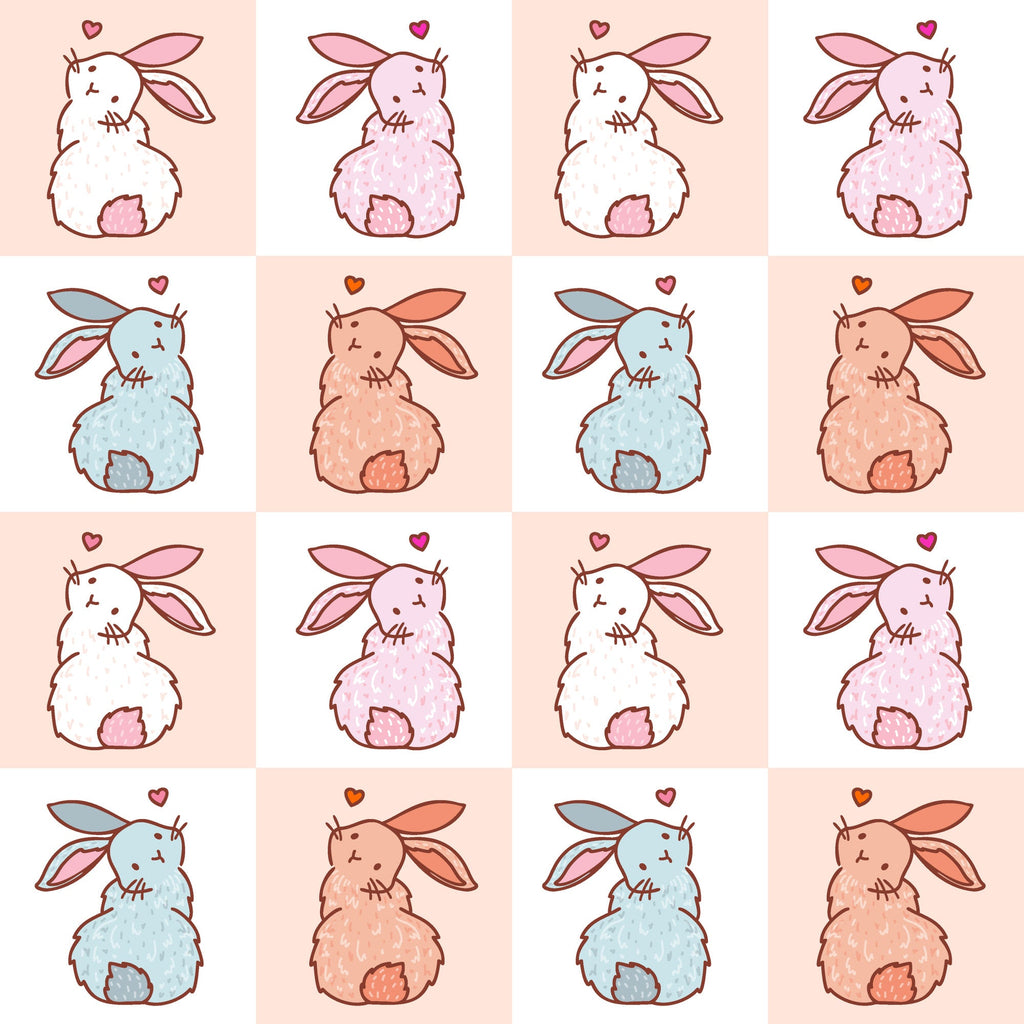 cute bunnies, easter rabbits, checkered pattern, pink palette, pastel colors, white bunnies, blue bunnies, peach bunnies,, fabric panel, kawaii style, adorable characters, spring theme, easter decor, soft pastels, repetitive design, bunny tails, heart accents, sitting rabbits, craft fabric