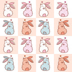 cute bunnies, easter rabbits, checkered pattern, pink palette, pastel colors, white bunnies, blue bunnies, peach bunnies,, fabric panel, kawaii style, adorable characters, spring theme, easter decor, soft pastels, repetitive design, bunny tails, heart accents, sitting rabbits, craft fabric