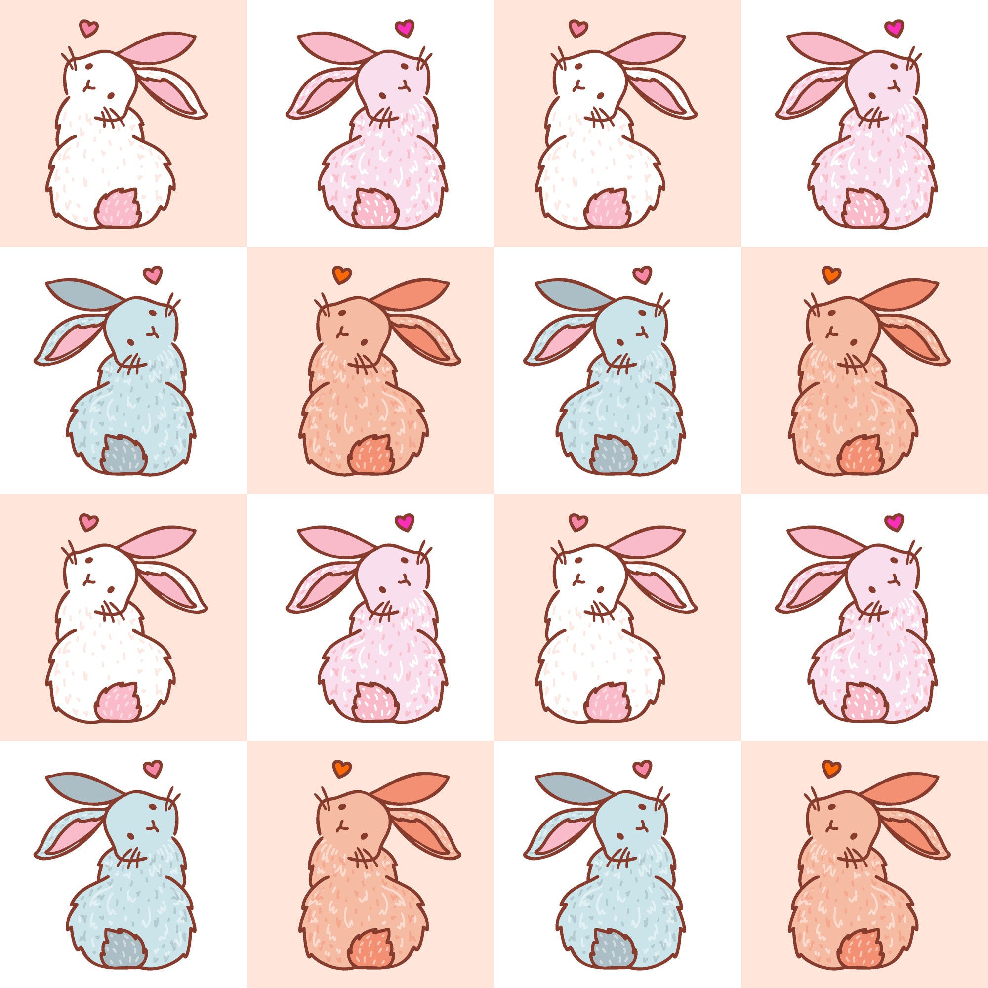 cute bunnies, easter rabbits, checkered pattern, pink palette, pastel colors, white bunnies, blue bunnies, peach bunnies,, fabric panel, kawaii style, adorable characters, spring theme, easter decor, soft pastels, repetitive design, bunny tails, heart accents, sitting rabbits, craft fabric