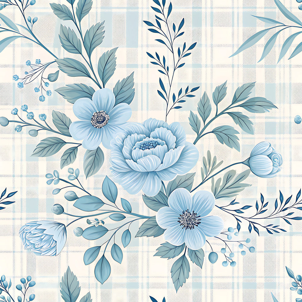 light blue, dusty blue, slate blue, navy blue, sage green, cream, ivory, floral, botanical, delicate flowers, peonies, daisy, leaves, berries, elegant, vintage, traditional, nature-inspired, garden, spring, soft, romantic, feminine, check pattern, gingham, shabby chic, cottage core, classic, timeless, nursery