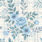 light blue, dusty blue, slate blue, navy blue, sage green, cream, ivory, floral, botanical, delicate flowers, peonies, daisy, leaves, berries, elegant, vintage, traditional, nature-inspired, garden, spring, soft, romantic, feminine, check pattern, gingham, shabby chic, cottage core, classic, timeless, nursery