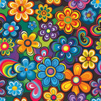 rainbow colors, hippie flowers, retro blooms, psychedelic pattern, bright orange, electric blue, hot pink, lime green, purple petals, yellow centers, groovy design, 1960s style, flower power,, fabric panel, vibrant floral, mod flowers, peace era, colorful blossoms, retro aesthetic