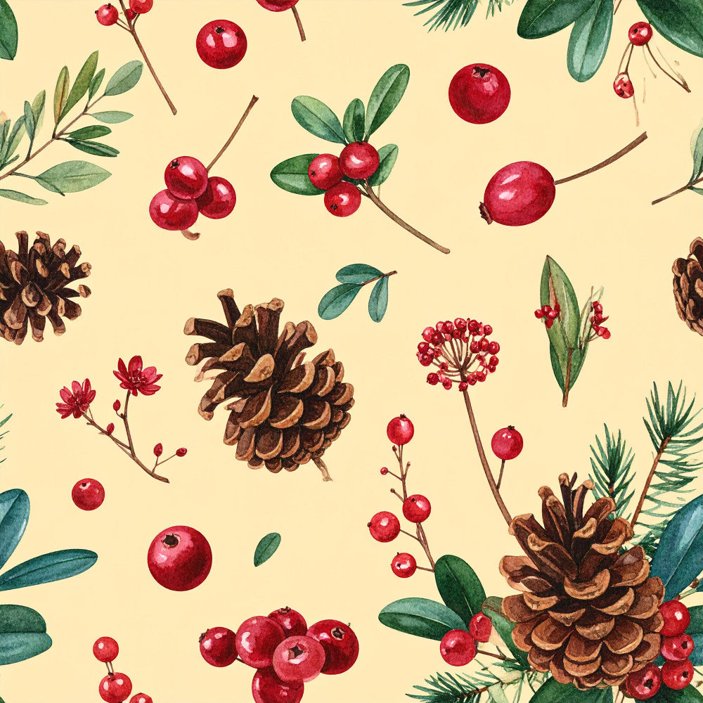 cream background, deep red berries, forest green leaves, burgundy, pinecones, botanical, nature, holiday, winter, christmas, autumn, fall, rustic, vintage, whimsical, traditional, evergreen branches, berry clusters, natural elements, festive, seasonal, cozy, woodland, traditional pattern, red berries, brown pinecones, needle leaves, berry motifs, nature-inspired, holiday decor