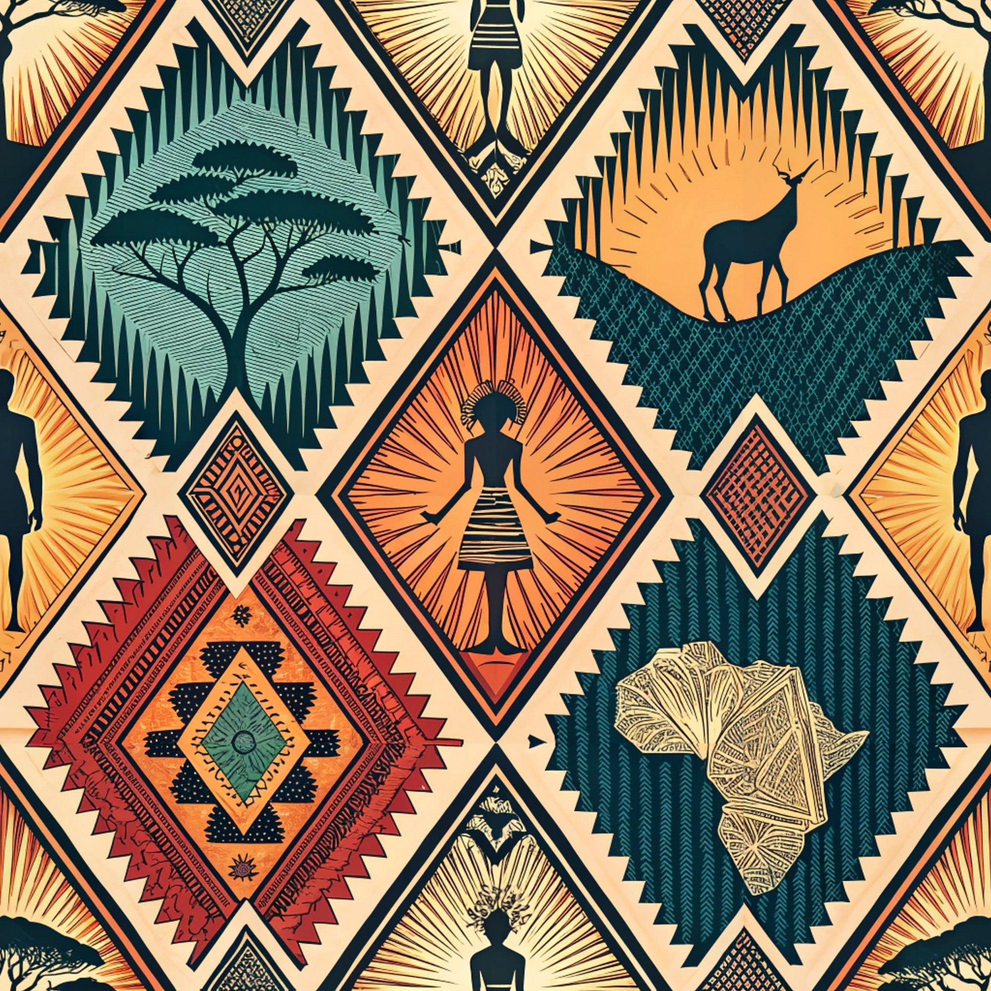 african tribal, geometric patterns, diamond motifs, earth tones, orange, teal, burgundy, beige, black, silhouettes, acacia tree, deer antelope, human figures, radiating lines, zigzag borders, ethnic design,, fabric panel, tribal art, warm colors
