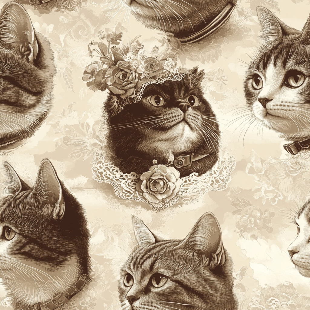 vintage cats, sepia tones, beige background, lace details, floral embellishments, roses, ornate collars, feline portraits, victorian style,, fabric panel, monochromatic design, detailed illustrations, pet themed, nostalgic artwork, decorative lace trim, antique aesthetic, cream colored, brown shades