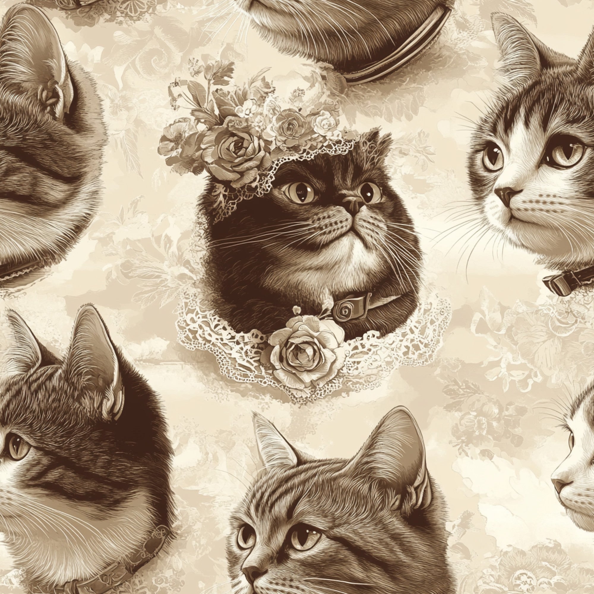 vintage cats, sepia tones, beige background, lace details, floral embellishments, roses, ornate collars, feline portraits, victorian style,, fabric panel, monochromatic design, detailed illustrations, pet themed, nostalgic artwork, decorative lace trim, antique aesthetic, cream colored, brown shades