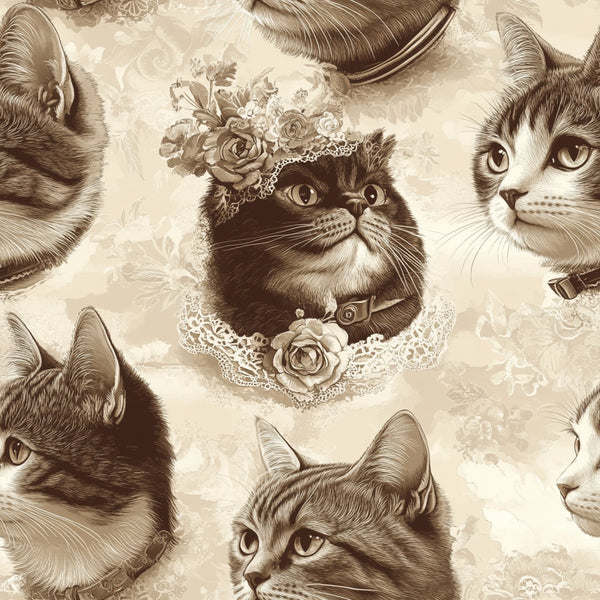vintage cats, sepia tones, beige background, lace details, floral embellishments, roses, ornate collars, feline portraits, victorian style,, fabric panel, monochromatic design, detailed illustrations, pet themed, nostalgic artwork, decorative lace trim, antique aesthetic, cream colored, brown shades