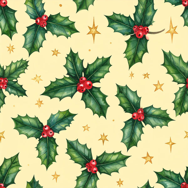 cream, gold, red, forest green, holly leaves, holly berries, stars, clouds, celestial, christmas, holiday, winter, whimsical, festive, traditional, nature, botanical, sparkly, metallic gold, bright red berries, scalloped clouds, magical, cozy, seasonal, gift, children's, kids, nursery, playroom, baby shower