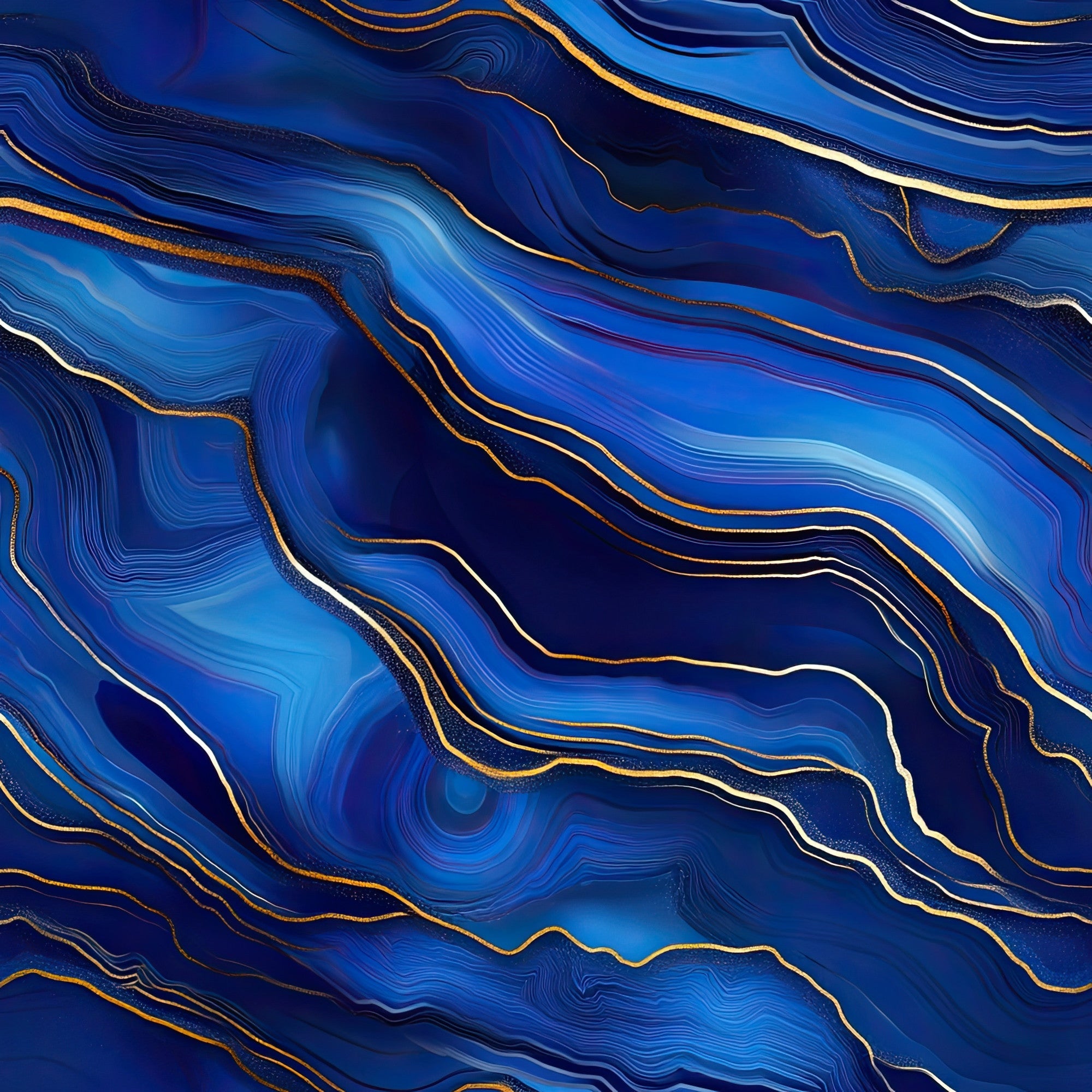 royal blue, navy blue, cobalt blue, gold accents, white highlights, agate pattern, marble texture, flowing lines, wavy stripes, geological design, abstract swirls, luxurious appearance, sophisticated mood,, fabric panel, mineral inspired, layered bands, organic curves, deep blues, metallic gold