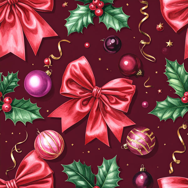 burgundy, wine red, deep red, forest green, gold, magenta, christmas, holiday, festive, elegant, luxurious, bows, ribbons, holly leaves, berries, ornaments, baubles, stars, decorative curls, traditional, sophisticated, formal, winter, celebration, festive decor, red and green, metallic accents, shimmer, dimensional