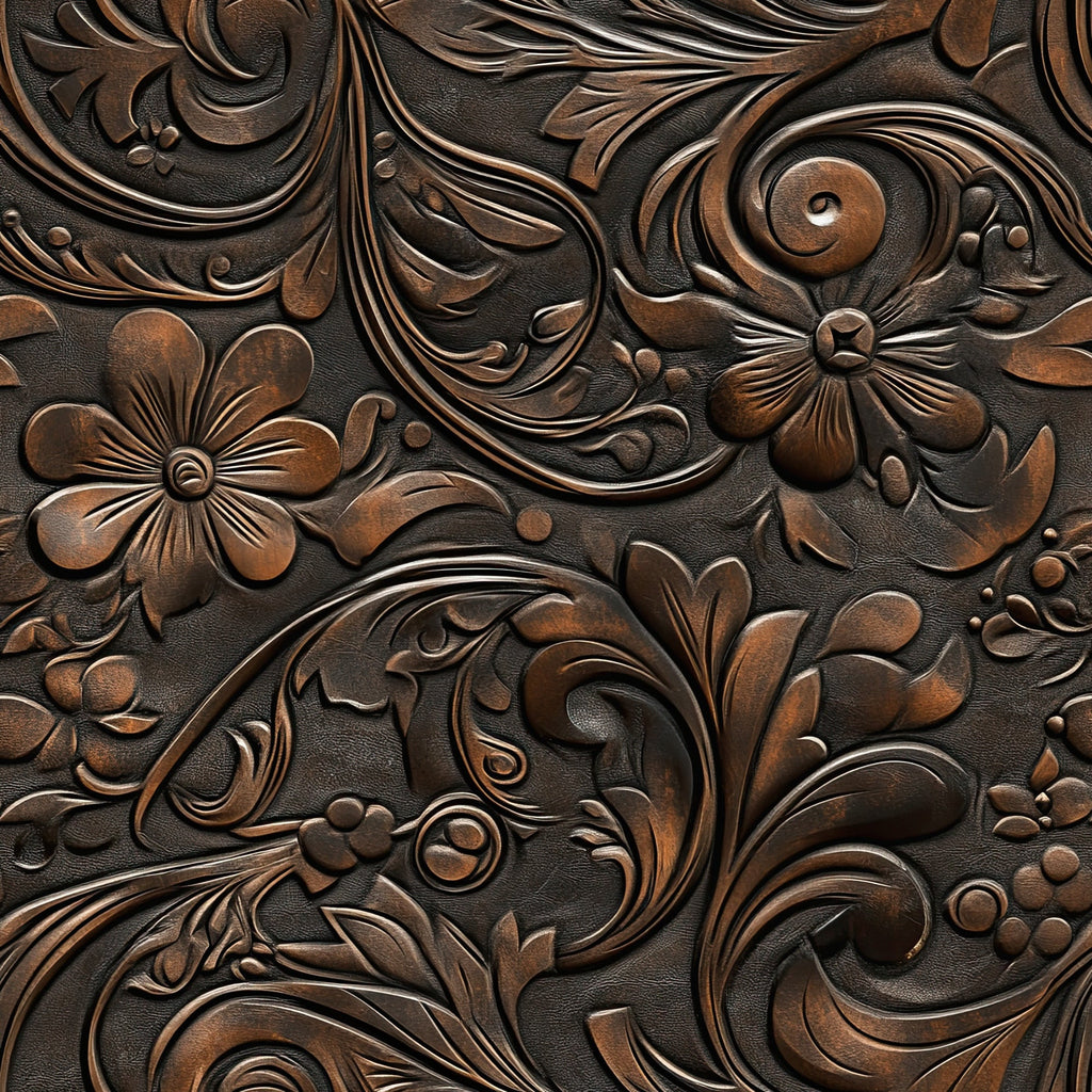brown, copper, bronze, dark leather, embossed leather, floral scroll, ornate carving, western tooling, leather work, swirling vines, raised relief, dimensional flowers, cowboy style, rustic texture,, fabric panel, rodeo theme, saddle pattern, tooled leather look, western motifs