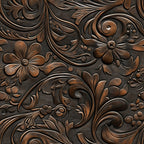 brown, copper, bronze, dark leather, embossed leather, floral scroll, ornate carving, western tooling, leather work, swirling vines, raised relief, dimensional flowers, cowboy style, rustic texture,, fabric panel, rodeo theme, saddle pattern, tooled leather look, western motifs