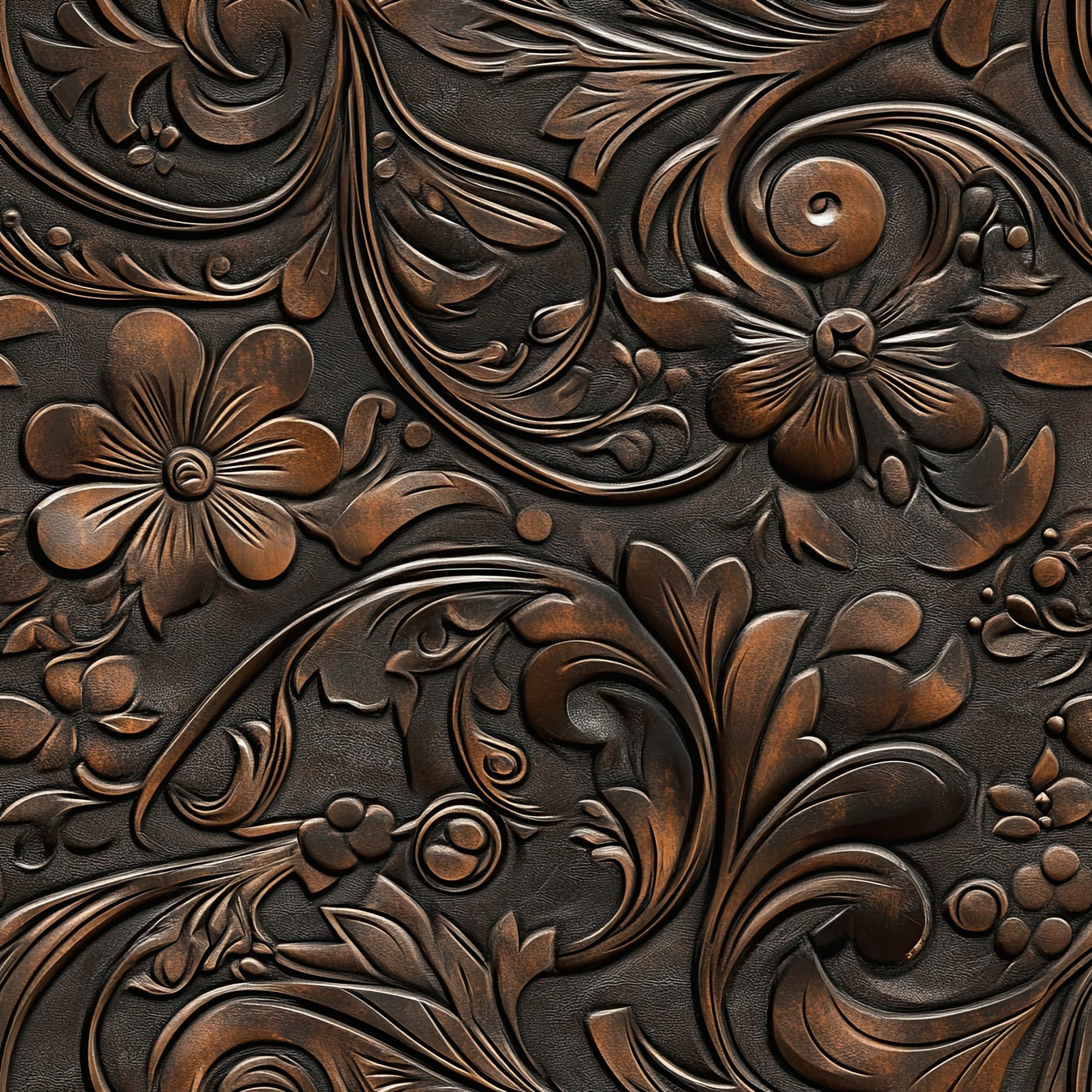 brown, copper, bronze, dark leather, embossed leather, floral scroll, ornate carving, western tooling, leather work, swirling vines, raised relief, dimensional flowers, cowboy style, rustic texture,, fabric panel, rodeo theme, saddle pattern, tooled leather look, western motifs