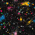 paint splatter, glitter effect, black background, bright colors, pink splatters, blue paint, yellow drops, orange spots, white dots, green accents, red splashes, colorful drips, abstract pattern, artistic design, modern art, vibrant colors, cotton fabric, quilting panel, contemporary style, energetic mood