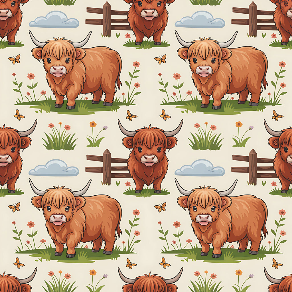 cartoon highland cows, orange brown fur, pastoral scene, wooden fence, wildflowers, butterflies, clouds, grass patches, seamless pattern,, fabric panel, farm animals, rustic countryside, cute illustration, repeating design, nature elements, horned cattle, meadow setting, whimsical style
