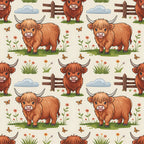 cartoon highland cows, orange brown fur, pastoral scene, wooden fence, wildflowers, butterflies, clouds, grass patches, seamless pattern,, fabric panel, farm animals, rustic countryside, cute illustration, repeating design, nature elements, horned cattle, meadow setting, whimsical style