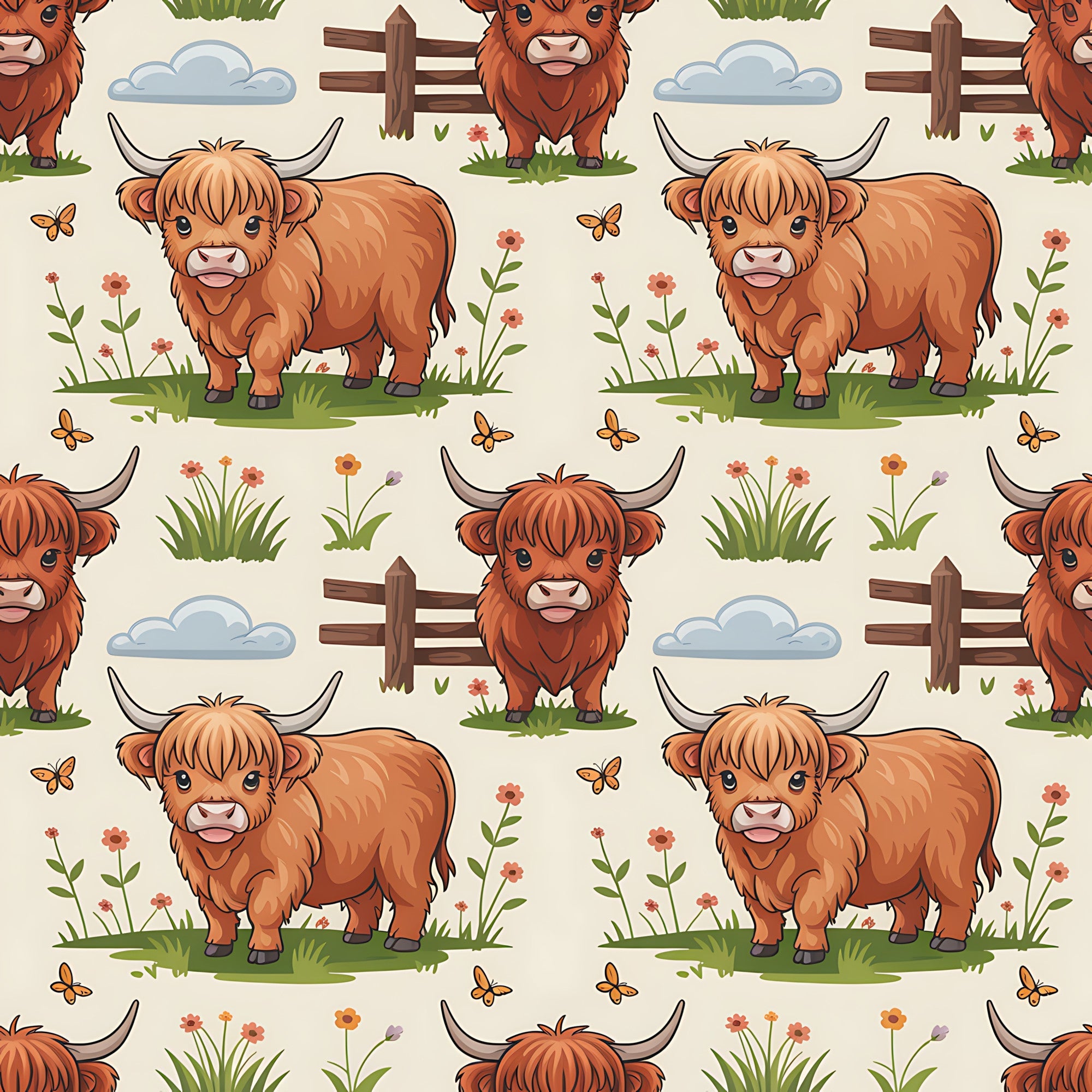 cartoon highland cows, orange brown fur, pastoral scene, wooden fence, wildflowers, butterflies, clouds, grass patches, seamless pattern,, fabric panel, farm animals, rustic countryside, cute illustration, repeating design, nature elements, horned cattle, meadow setting, whimsical style