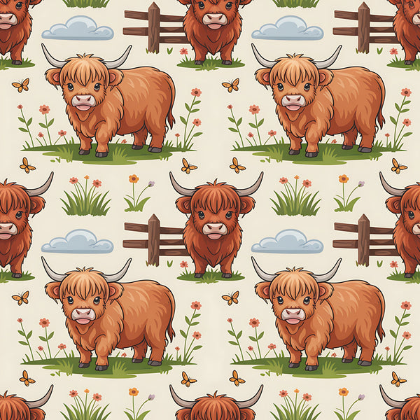 cartoon highland cows, orange brown fur, pastoral scene, wooden fence, wildflowers, butterflies, clouds, grass patches, seamless pattern,, fabric panel, farm animals, rustic countryside, cute illustration, repeating design, nature elements, horned cattle, meadow setting, whimsical style