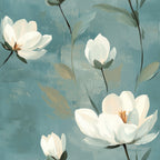 cornflower blue, dusty blue, cream white, soft white, sage green, floral pattern, magnolia flowers, botanical design, delicate petals, flowing stems, graceful leaves, painterly style, serene mood,, fabric panel, spring flowers, elegant blooms, artistic florals, gentle brushstrokes, nature inspired
