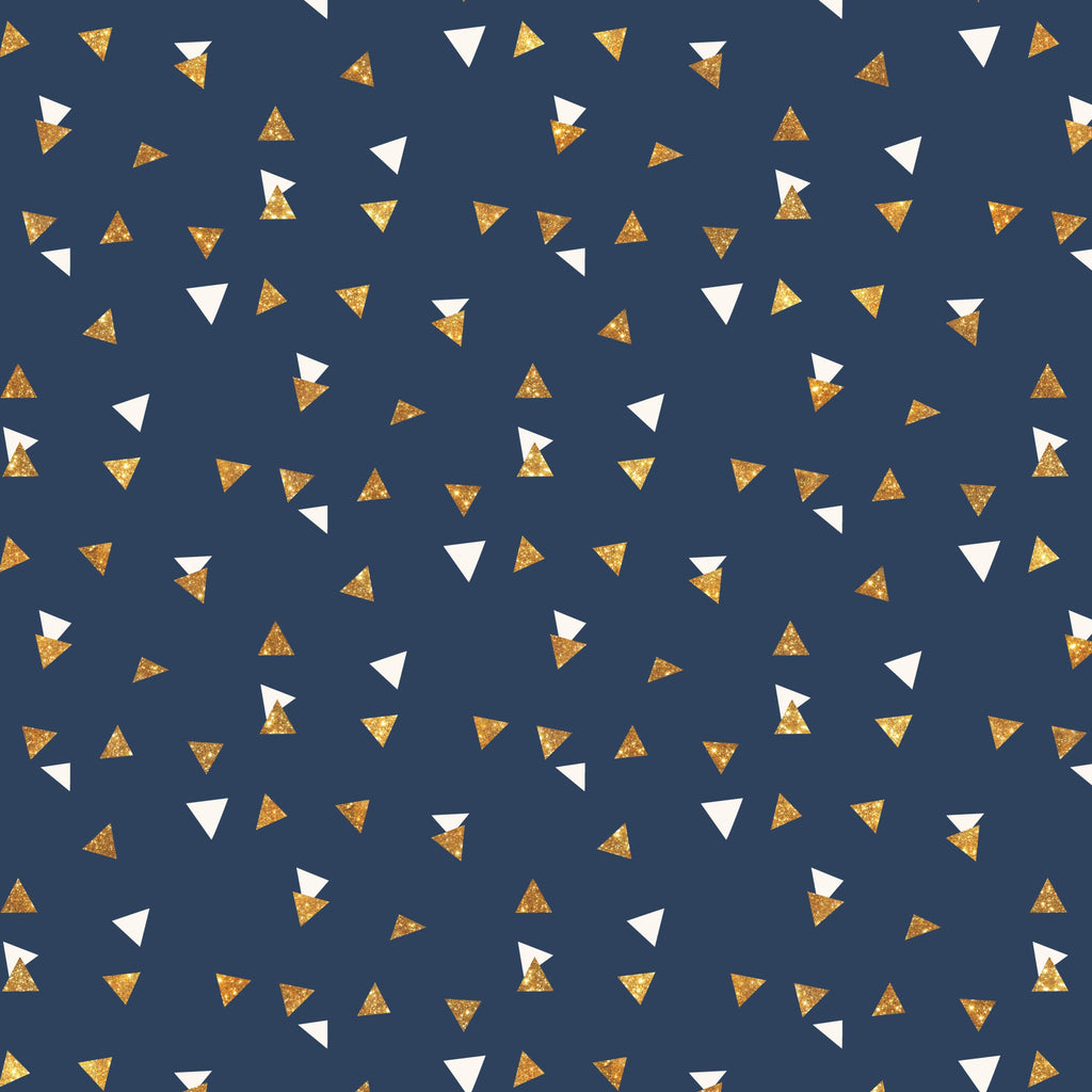 navy blue, gold foil, white triangles, geometric pattern, small triangles, scattered design, metallic accents, confetti style, celebration theme,, fabric panel, festive pattern, random placement, triangle shapes, navy background, gold shimmer, party motif, modern geometric, cotton fabric, celebratory design