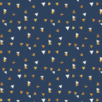 navy blue, gold foil, white triangles, geometric pattern, small triangles, scattered design, metallic accents, confetti style, celebration theme,, fabric panel, festive pattern, random placement, triangle shapes, navy background, gold shimmer, party motif, modern geometric, cotton fabric, celebratory design