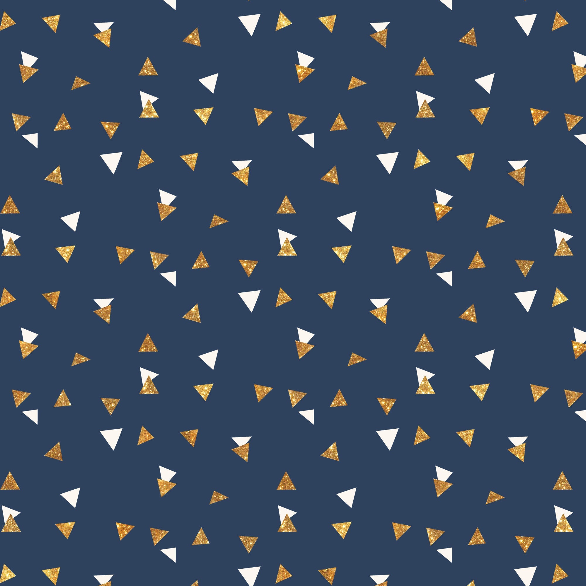 navy blue, gold foil, white triangles, geometric pattern, small triangles, scattered design, metallic accents, confetti style, celebration theme,, fabric panel, festive pattern, random placement, triangle shapes, navy background, gold shimmer, party motif, modern geometric, cotton fabric, celebratory design