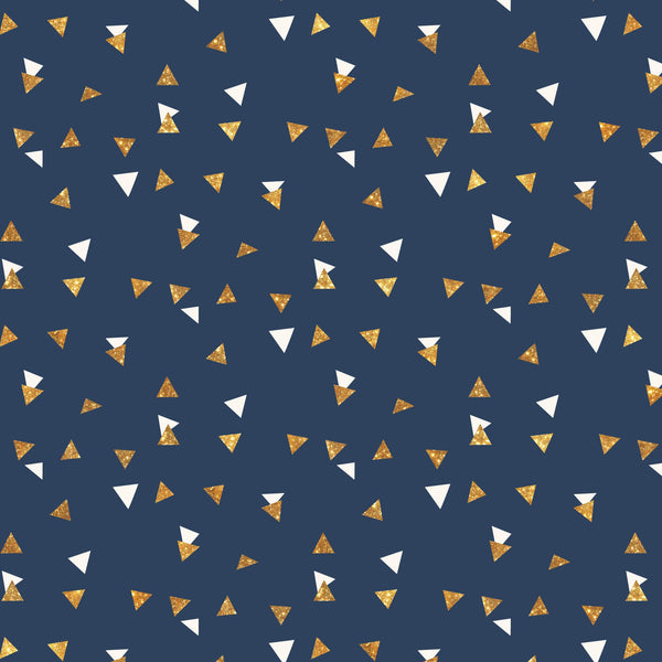 navy blue, gold foil, white triangles, geometric pattern, small triangles, scattered design, metallic accents, confetti style, celebration theme,, fabric panel, festive pattern, random placement, triangle shapes, navy background, gold shimmer, party motif, modern geometric, cotton fabric, celebratory design