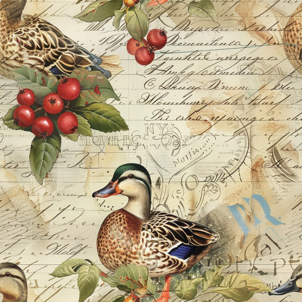farm life,, fabric panel, ducks, waterfowl, red berries, green leaves, brown tones, cream background, vintage style, botanical elements, nature scene, blue accents, orange beak, patterned feathers, rustic charm, country theme, wildlife motifs, earthy colors, natural elements