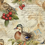 farm life,, fabric panel, ducks, waterfowl, red berries, green leaves, brown tones, cream background, vintage style, botanical elements, nature scene, blue accents, orange beak, patterned feathers, rustic charm, country theme, wildlife motifs, earthy colors, natural elements