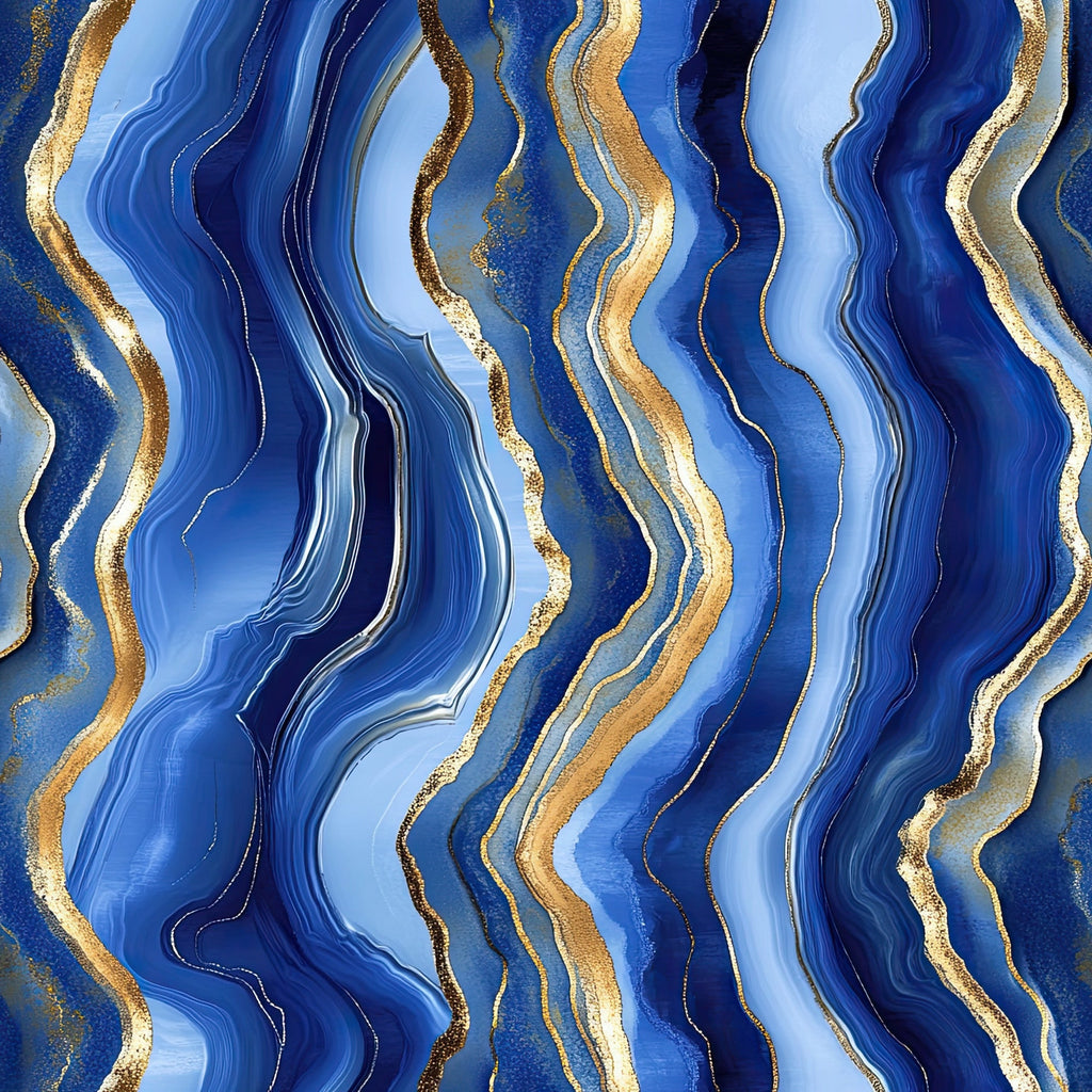 royal blue, navy blue, light blue, gold, white, agate pattern, geode design, wavy lines, flowing stripes, marbled texture, abstract design, geological formation, mineral pattern, luxurious, elegant,, fabric panel, natural stone, organic waves, metallic accents