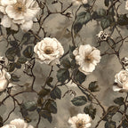 cream roses, white flowers, thorny vines, sage green leaves, taupe background, vintage botanical, climbing roses, muted earth tones, romantic florals,, fabric panel, weathered texture, garden theme, delicate petals, bramble thorns, soft neutrals, painterly style, nature motif