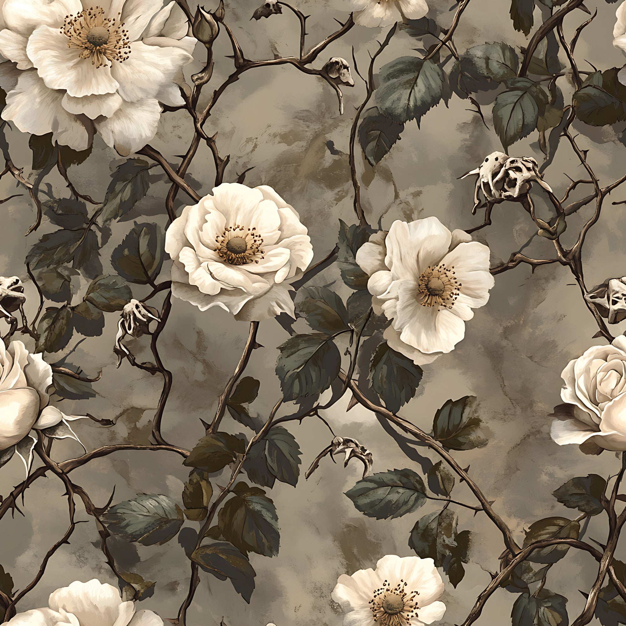 cream roses, white flowers, thorny vines, sage green leaves, taupe background, vintage botanical, climbing roses, muted earth tones, romantic florals,, fabric panel, weathered texture, garden theme, delicate petals, bramble thorns, soft neutrals, painterly style, nature motif