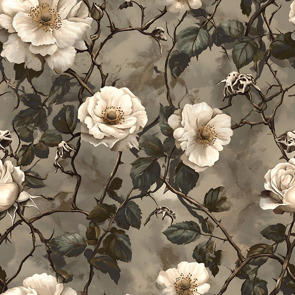 cream roses, white flowers, thorny vines, sage green leaves, taupe background, vintage botanical, climbing roses, muted earth tones, romantic florals,, fabric panel, weathered texture, garden theme, delicate petals, bramble thorns, soft neutrals, painterly style, nature motif