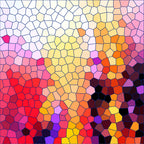 mosaic pattern, stained glass, geometric shapes, polygonal design, red tones, pink hues, orange shades, yellow accents, purple highlights, black sections, white areas, coral colors, magenta tones, gradient effect, abstract art, colorful mosaic,, fabric panel, vibrant colors, tessellation pattern