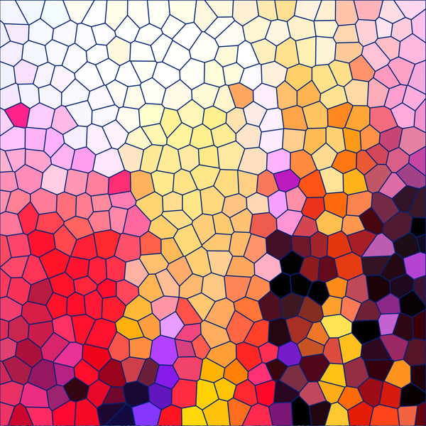 mosaic pattern, stained glass, geometric shapes, polygonal design, red tones, pink hues, orange shades, yellow accents, purple highlights, black sections, white areas, coral colors, magenta tones, gradient effect, abstract art, colorful mosaic,, fabric panel, vibrant colors, tessellation pattern