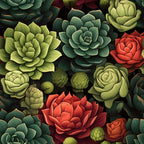 succulents, botanical pattern,, fabric panel, green plants, red flowers, coral blooms, sage green, forest green, lime green, burgundy, coral red, rosette pattern, layered petals, nature motif, garden theme, detailed illustration, realistic style, dark background, desert plants