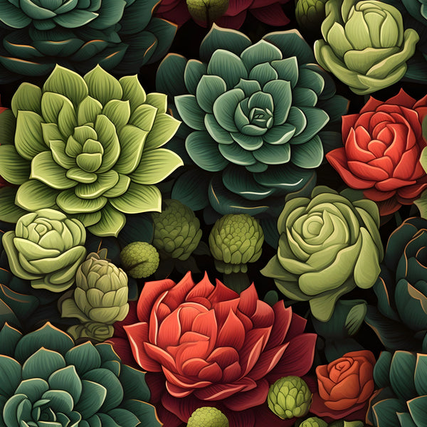 succulents, botanical pattern,, fabric panel, green plants, red flowers, coral blooms, sage green, forest green, lime green, burgundy, coral red, rosette pattern, layered petals, nature motif, garden theme, detailed illustration, realistic style, dark background, desert plants
