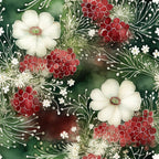 christmas florals,, fabric panel, forest green, deep red, cream white, berries, winter flowers, botanical pattern, holiday foliage, festive design, watercolor style, winter wreath, seasonal botanicals, pine branches, red berries, white blossoms, nature motifs, christmas greenery, floral arrangement