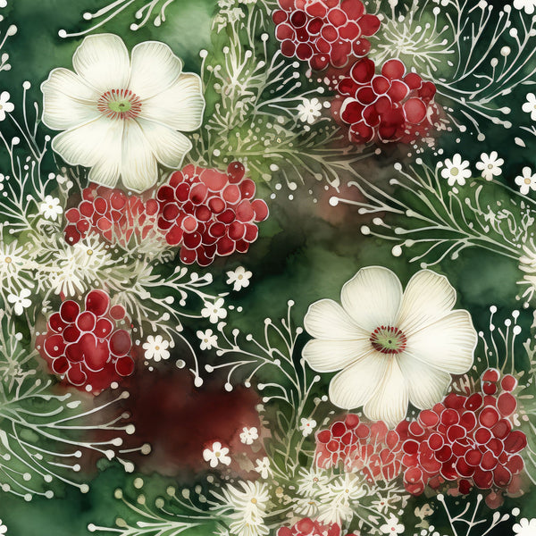 christmas florals,, fabric panel, forest green, deep red, cream white, berries, winter flowers, botanical pattern, holiday foliage, festive design, watercolor style, winter wreath, seasonal botanicals, pine branches, red berries, white blossoms, nature motifs, christmas greenery, floral arrangement