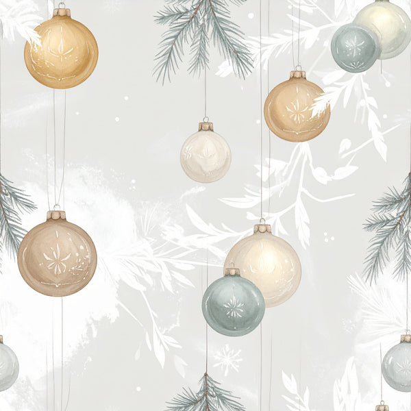 cream, beige, tan, gold, sage green, dusty blue, soft pastels, christmas, holiday, winter, ornaments, baubles, evergreen branches, pine needles, snowflakes, elegant, sophisticated, festive, traditional, vintage, nature-inspired, botanical, metallic accents, shiny details, hanging decorations, seasonal decor, formal holiday, classic christmas, neutral tones, muted colors